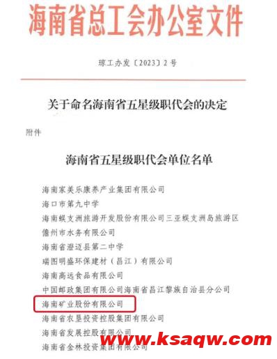 海南矿业被命名为“海南省五星级职代会”单位